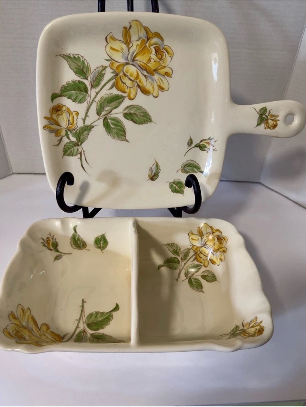 Vintage Yellow Rose Ceramic Skillet Tray & Divided Relish Dish Cottagecore Set